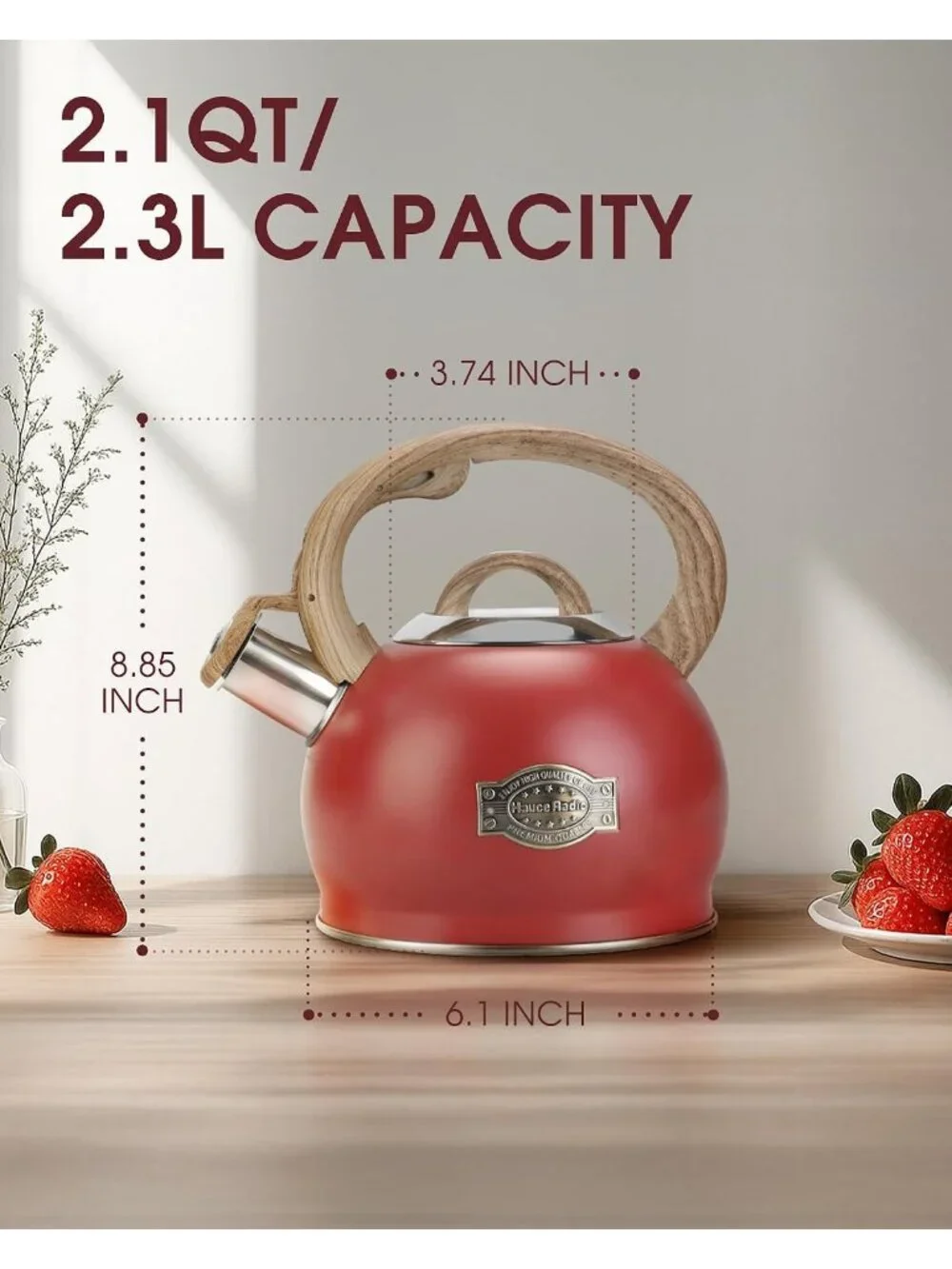 Red Whistling Tea kettles 2.1 Quart Stainless Steel Stovetop with Wood Handle